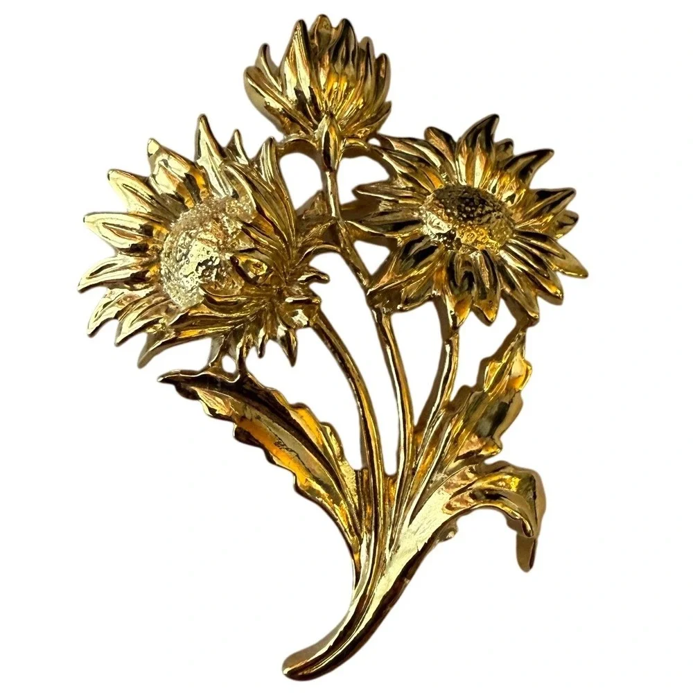 Vintage Avon Gold Tone Floral Brooch Pin Daisies Sunflowers Summer Boho Bohemian - Picture 2 of 6
